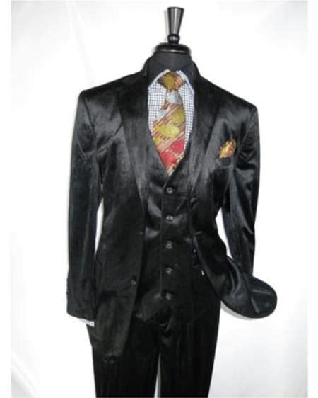 Mens Black 2 Button Velvet Fabric 3 Piece Vested Side Vent Suit With