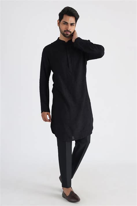 Buy Black Kurta Bam Silk Embroidery Cutdana Adeem Set For Men By