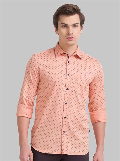 Men Orange Slim Fit Print Cotton Full Sleeve Shirts Myraymond