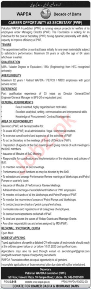 Secretary Jobs 2023 In Pakistan Wapda Foundation PWF 2024 Job