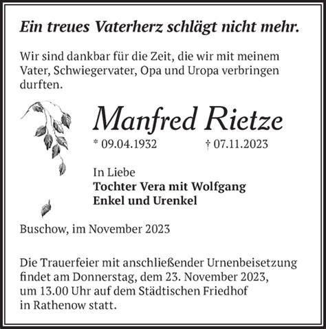 Traueranzeigen Von Manfred Rietze M Rkische Onlinezeitung Trauerportal