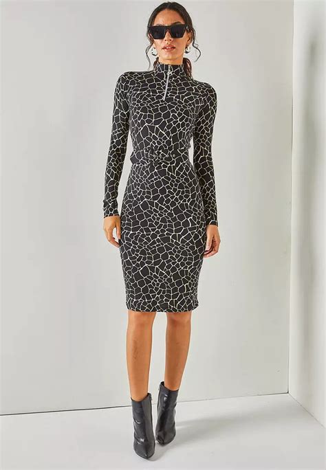 Olalook Printed Zip Neck Bodycon Dress Buy Olalook Online