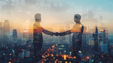 Futuristic Handshake Over Cityscape Business Deal Success Partnership