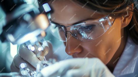 Premium Photo A Female Scientist Wearing A Lab Coat And Safety Glasses Is Looking At A