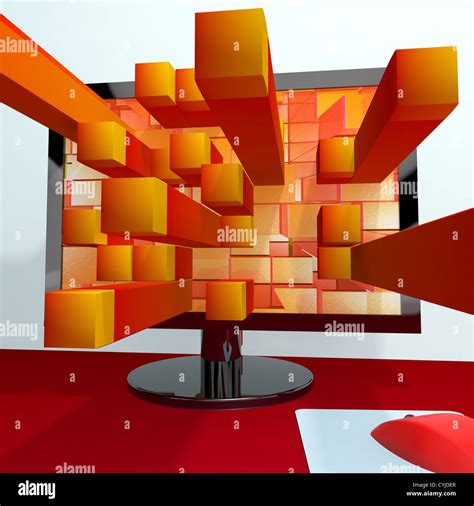 Three Dimensional Orange Squares On Computer Monitor Shows 3d Graphics