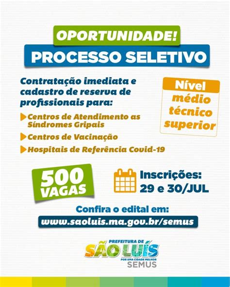 Prefeitura de São Luís abre inscrições para seletivo 500 vagas de