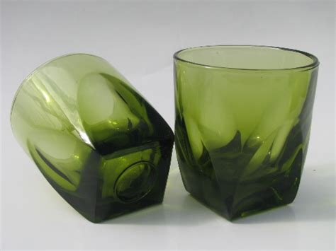 Heavy Old Fashioned Rocks Glasses 70s Retro Green Glass Colony Square