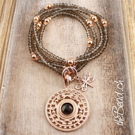 Smoky Quarz Necklace With Pendants 925 Sterling Silver Rosegold Plated