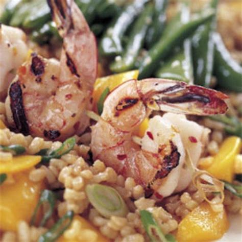 Spicy Grilled Shrimp With Rice And Mango Salad And Sesame Sugar Snap