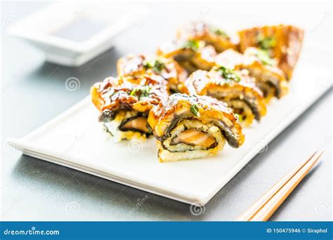 Grilled Eel Or Unagi Fish Sushi Maki Roll With Sweet Sauce Stock Photo