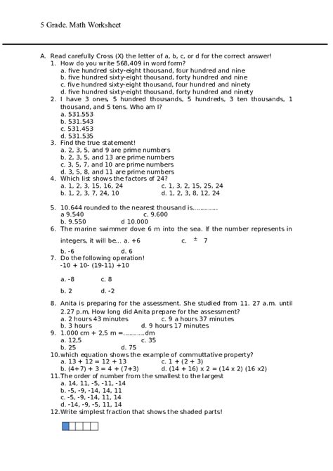 Doc Mathematics Worksheet For 5 Grade