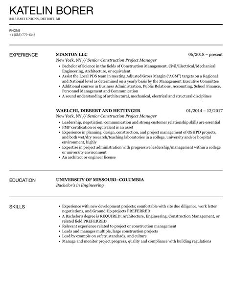 Senior Construction Project Manager Resume Samples Velvet Jobs