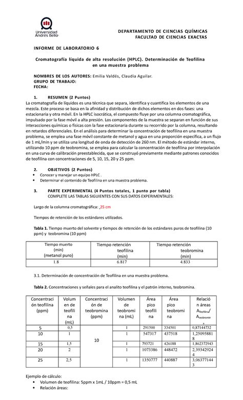 Pauta de Informe QUIM420 LAB N 6 DEPARTAMENTO DE CIENCIAS QUÍMICAS