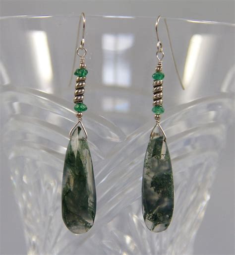 Moss Agate Drop Earrings Sterling Silver Wire Wrapped Silver Bali Bar Green Chalcedony B