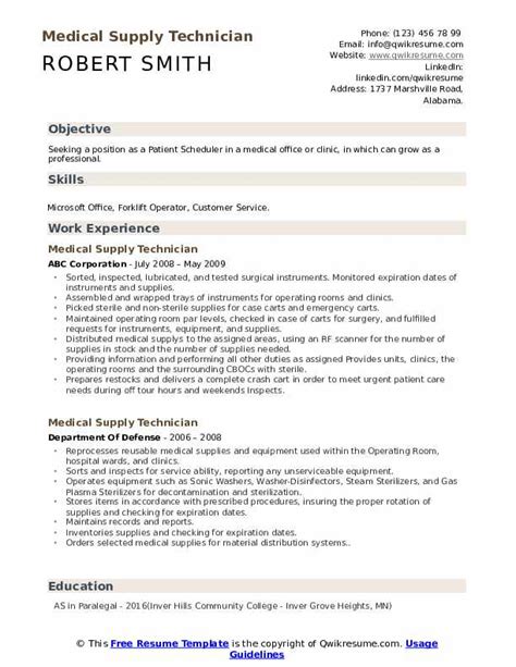 Medical Supply Technician Resume Samples Qwikresume