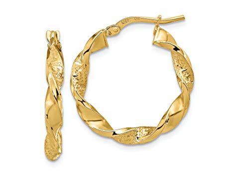 14K Yellow Gold 15 16 Polished And Textured Twisted Hoop Earrings