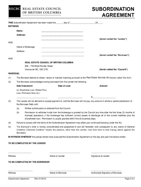 Fillable Online Subordination Agreement Template Instructions Fax Email