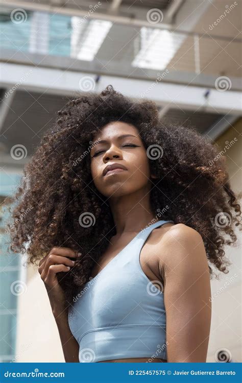 Young Black Woman Closed Eyes With Curly Hair Style Stock Image Image