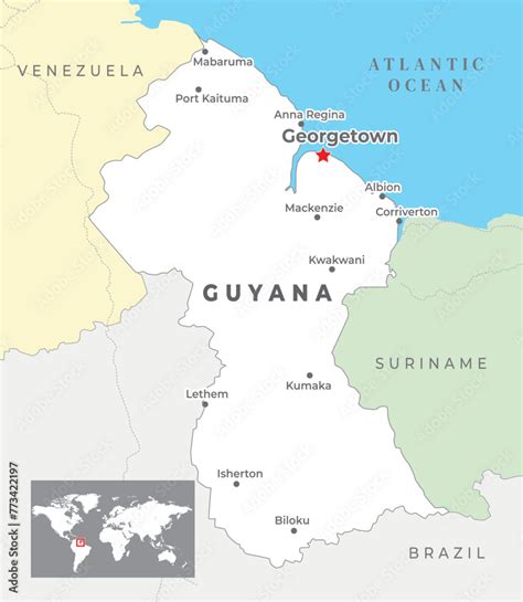 Guyana Political Map with capital Georgetown, most important cities with national borders Stock ...