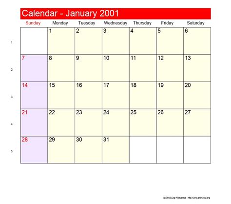 January 2001 Roman Catholic Saints Calendar