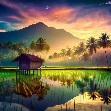 Premium Ai Image Majestic View Of Paddy Field A Small Hut Coconut