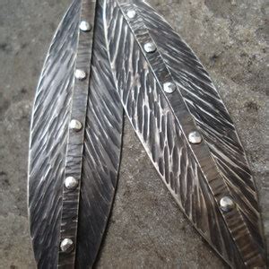 Unique Hammered Silver Long Leaf Riveted Earrings Tahitian Etsy