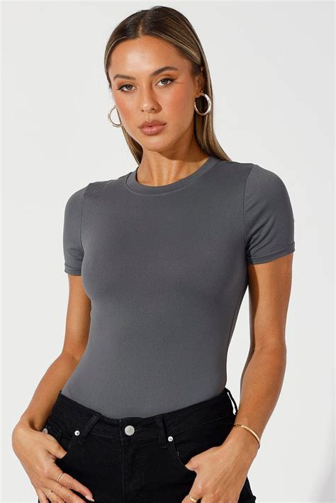 Grey Bodysuit Short Sleeve Crew Neck Supersoft Ally Fashion