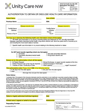 Fillable Online Unitycarenw Release Of Information Bformb Unity Care
