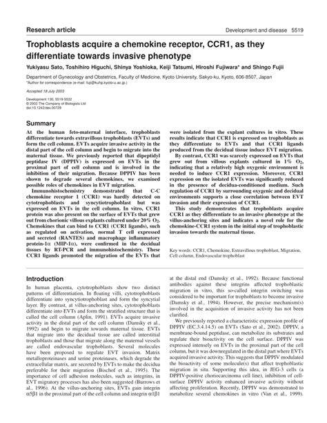 Pdf Trophoblasts Acquire A Chemokine Receptor Ccr1 As They