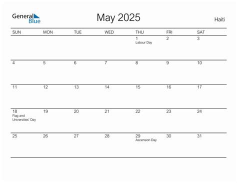 May 2025 Monthly Calendar with Haiti Holidays