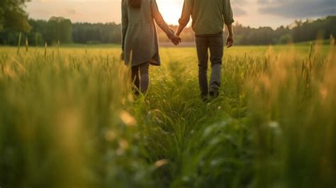 Pareja Rom Ntica Abraz Ndose En Un Exuberante Campo Verde Al Atardecer