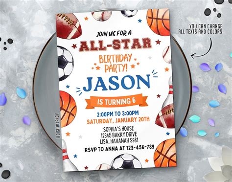 Editable Sports Birthday Invitation Template Printable Etsy