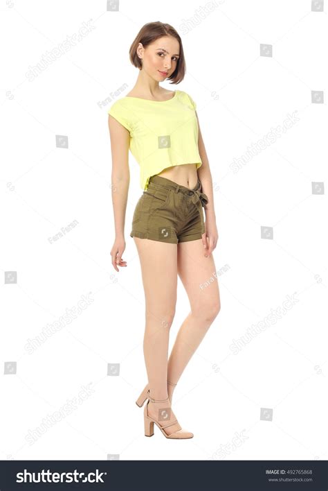 Woman With Long Sexy Legs Wearing Short Shorts Stock Photo 492765868