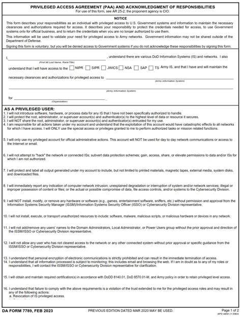 DA Form 7789 Privileged Access Agreement PAA And Acknowledgment Of