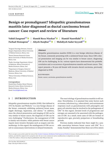 Pdf Benign Or Premalignant Idiopathic Granulomatous Mastitis Later