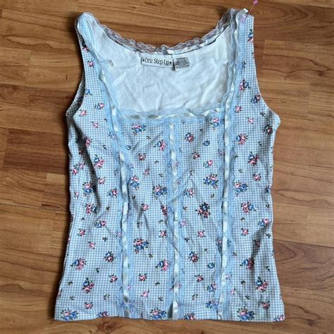 One Step Up Womens Blue And White Vest Depop