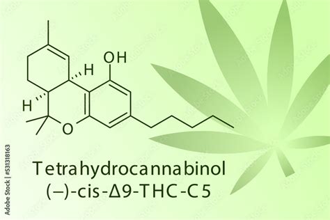 Tetrahydrocannabinol molecular structure on green with leaf ...