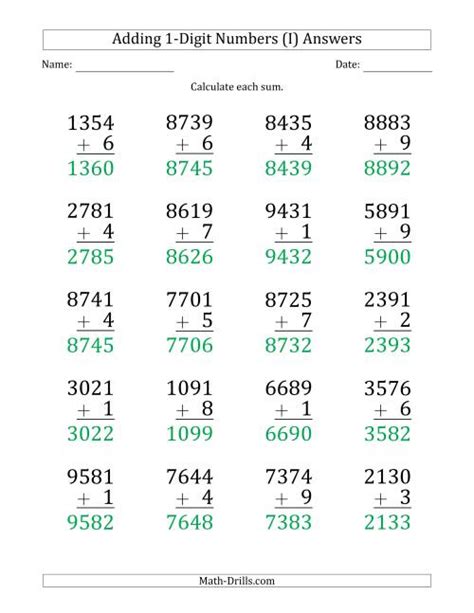 Large Print 4 Digit Plus 1 Digit Addition With Some Regrouping I