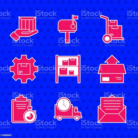 세트 창고 물류 배달 트럭 과 시계 봉투 판지 상자 목록 클립 보드의 검증 패키지기어 휠 핸드 박스 및 배달 손 아이콘 벡터