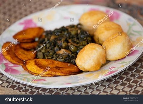 Jamaican Breakfast Fried Plantains Dumplings Callaloo Stock Photo