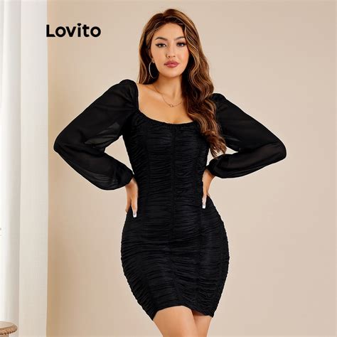 Lovito Vestido Elegante Liso Ruched De Malha E Decote Quadrado L Ld