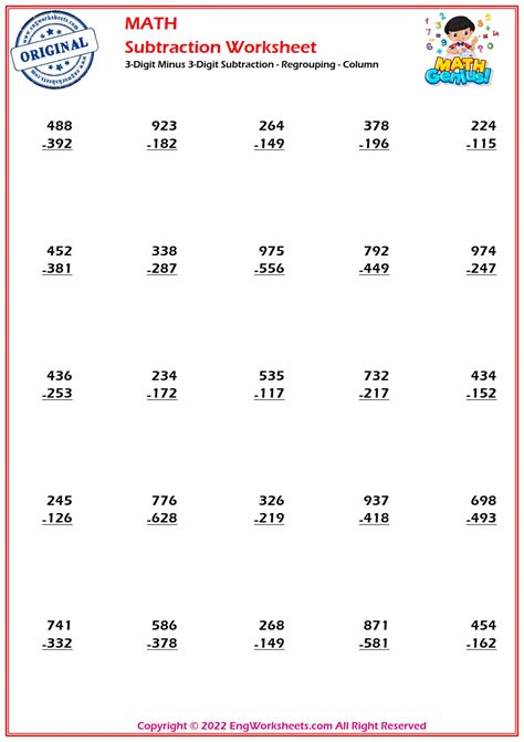 3 Digit Subtraction Regrouping Worksheets And Exercise Engworksheets