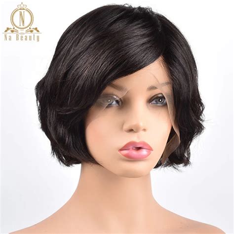 Glueless 360 Lace Human Hair Short Wigs Natural Wave Bob Wigs Pixie Cut Brown Black 360 Lace