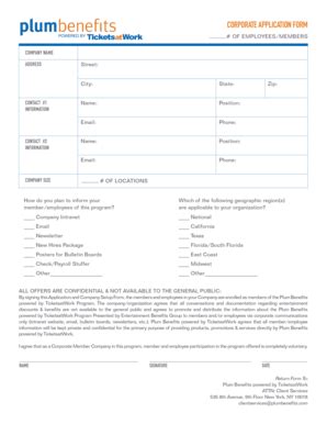 Fillable Online Corporate Application Form Plum Benefits Fax Email