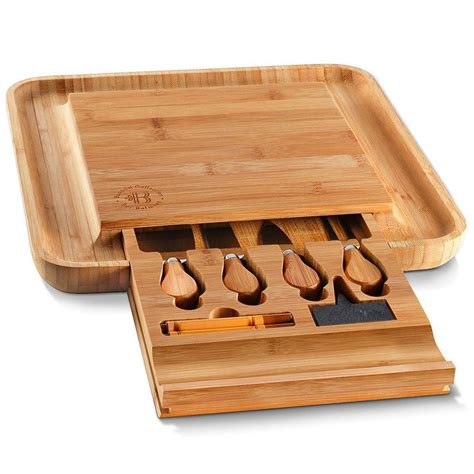 Bambusi Bamboo Cheese Board And Cutlery Set With Slide Out Drawer Bam