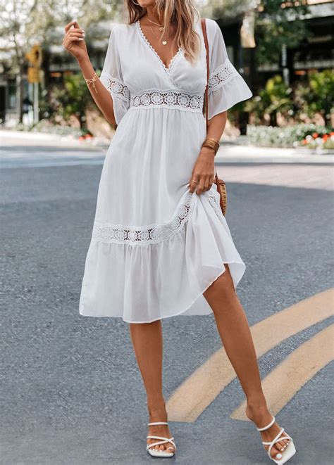 White Patchwork Half Sleeve V Neck Dress Modlily USD 28 98