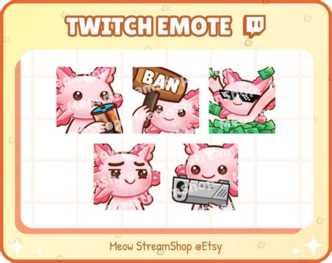 Twitch Emote Cute Axolotl Emotes Pack Sip Boba Ban Hammer Money