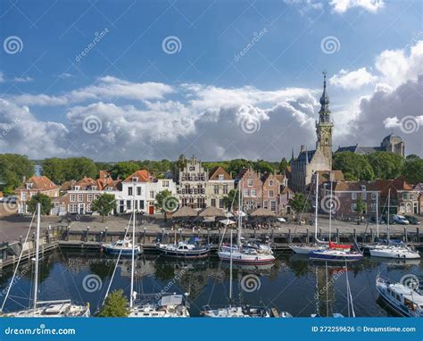 Aerial View With Marina And Historic Town Hall Of Veere Province Of