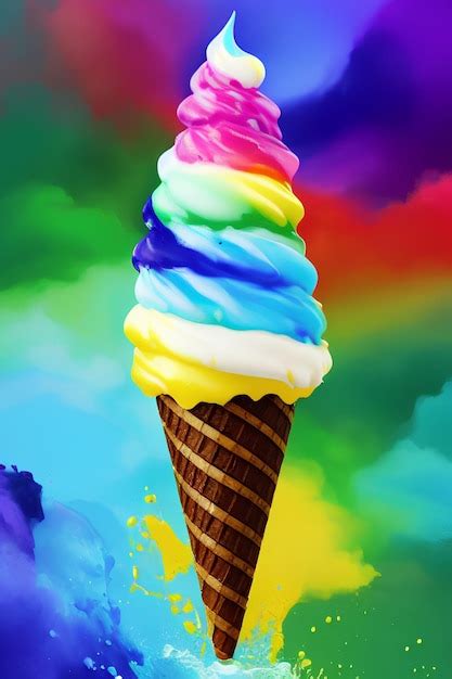 Premium Ai Image Rainbow Ice Cream In A Cone With A Rainbow Background