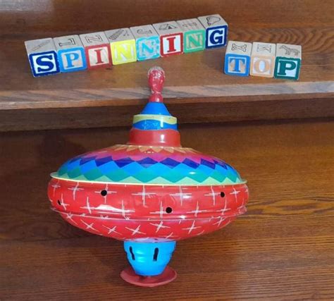 Vintage Childrens Toy Tin Spinning Top Lithograph Colourful Childrens